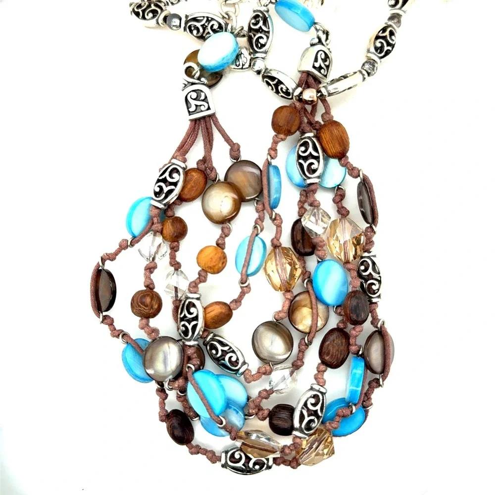 Brighton Multi Strand Shell Wood Bead Necklace Silver Tone Blue Brown 18-20